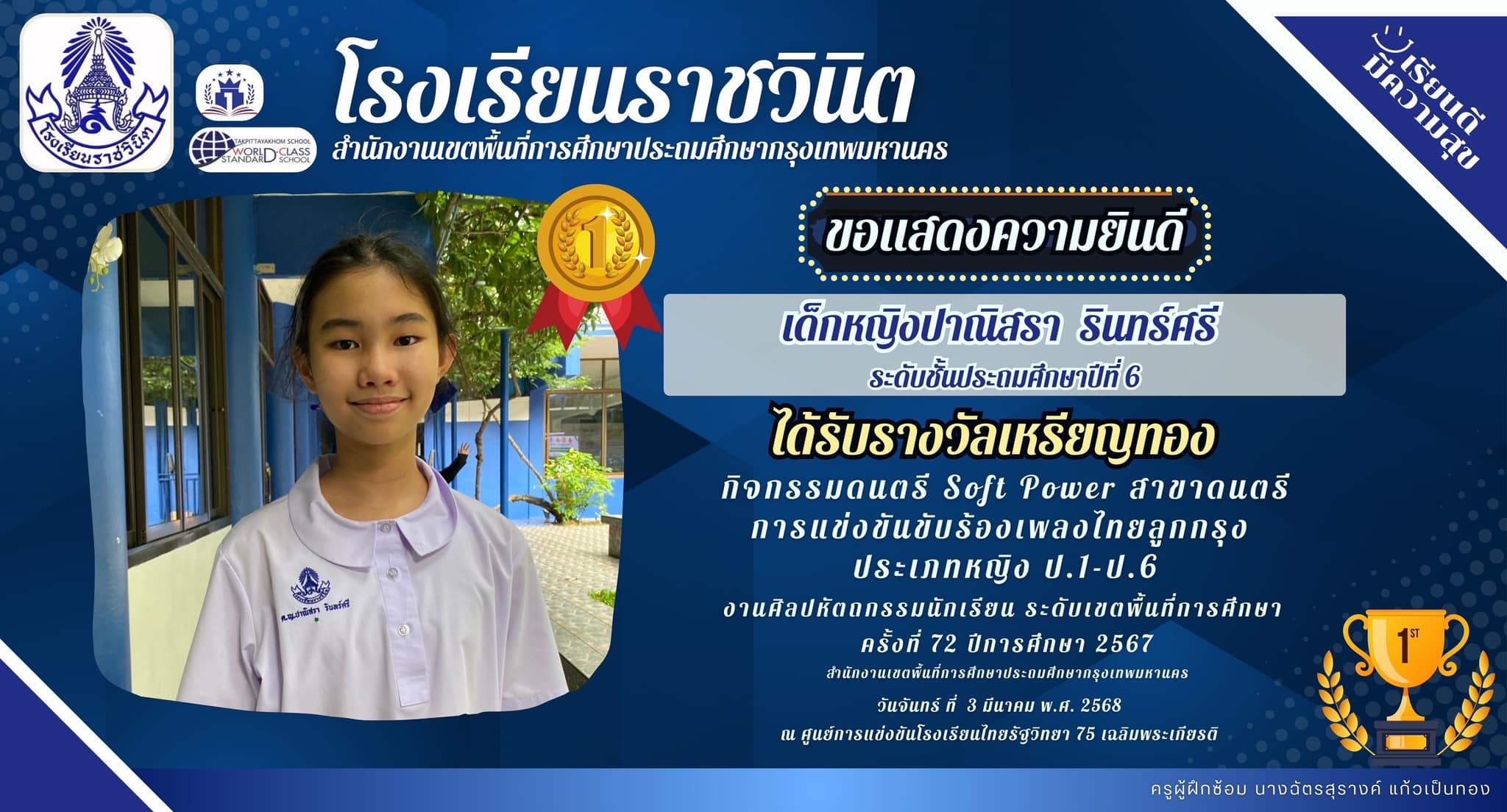 ขอแสดงความยินดีกับเด็กหญิงปาณิสรา รินทร์ศรี