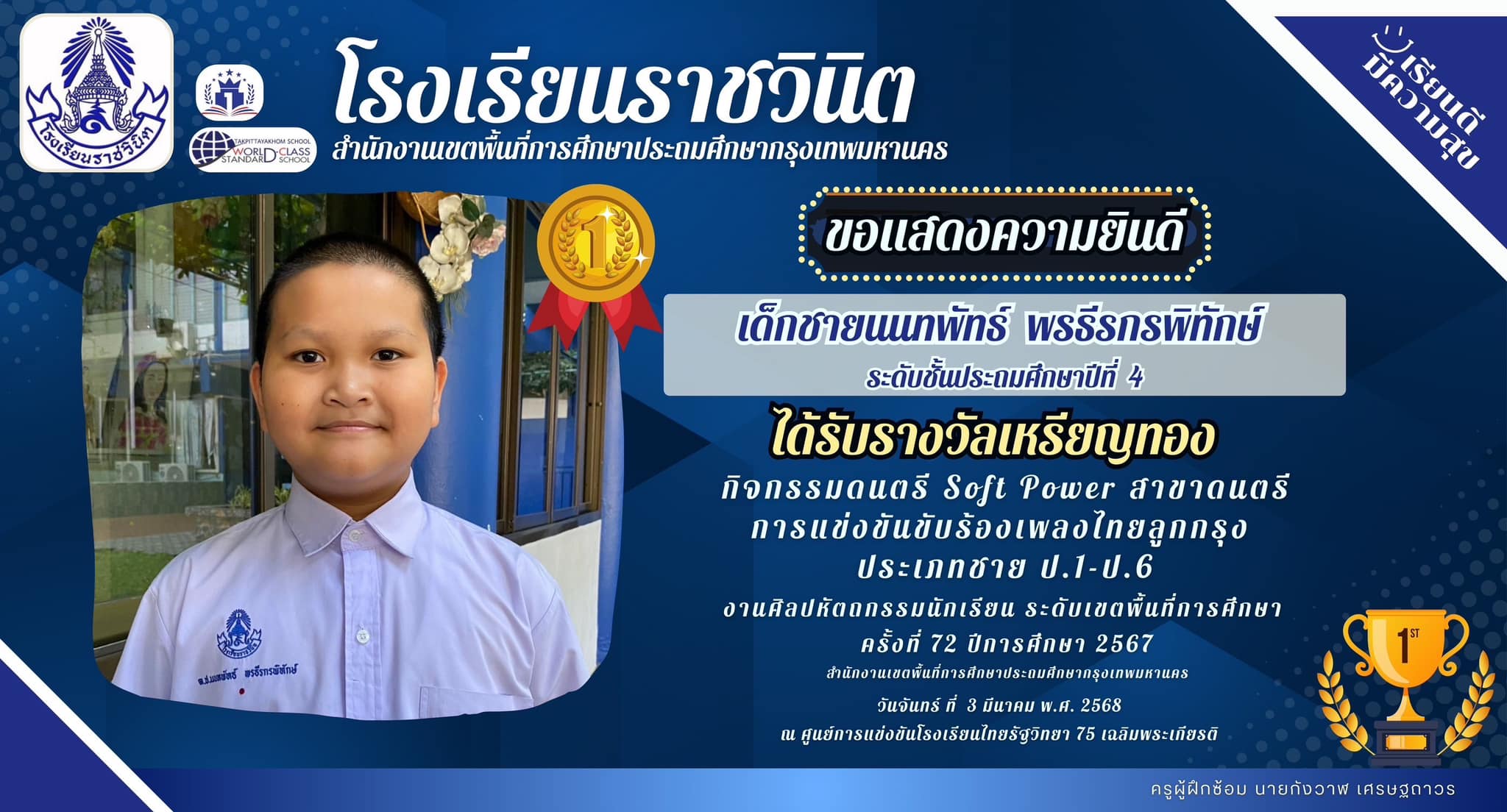 ขอแสดงความยินดีกับเด็กชายนนทพัทธ์ พรธีรกรพิทักษ์