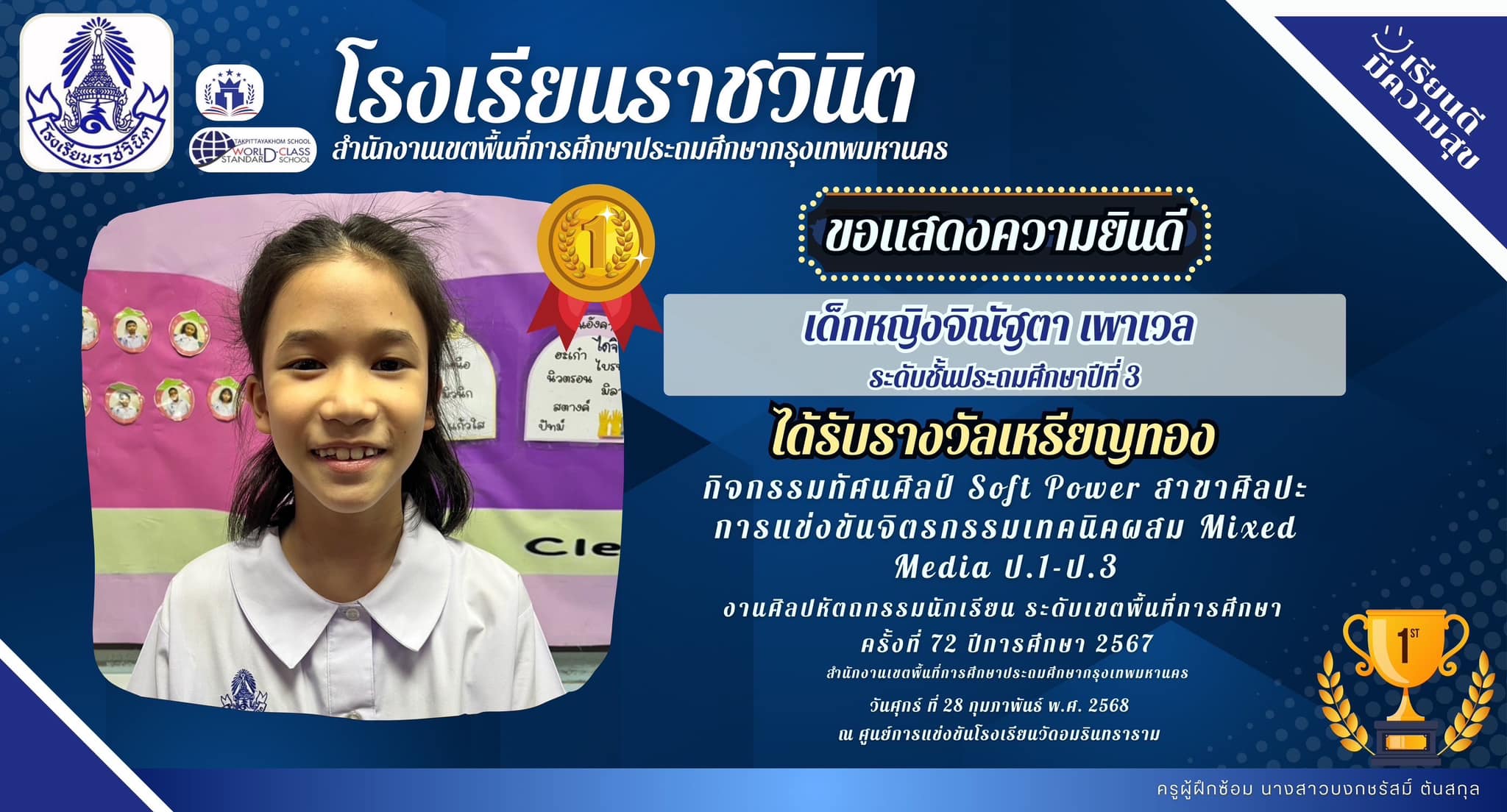 ขอแสดงความยินดีกับ เด็กหญิงจิณัฐตา เพาเวล